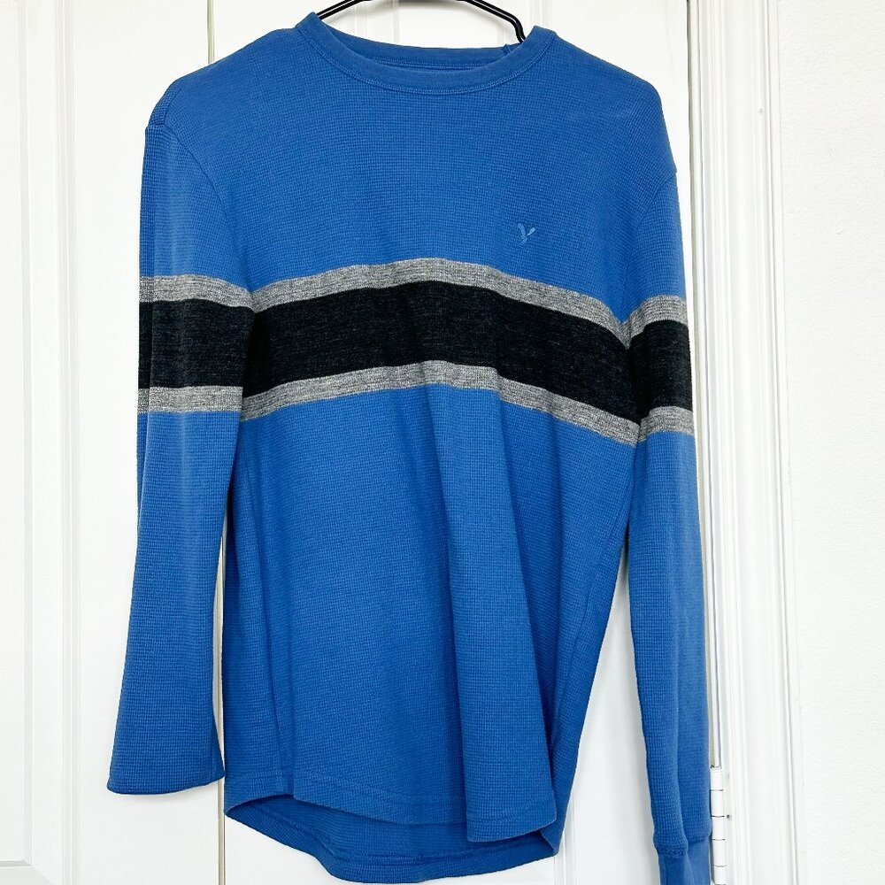 Men's American Eagle Blue and Grey Henley Shirt